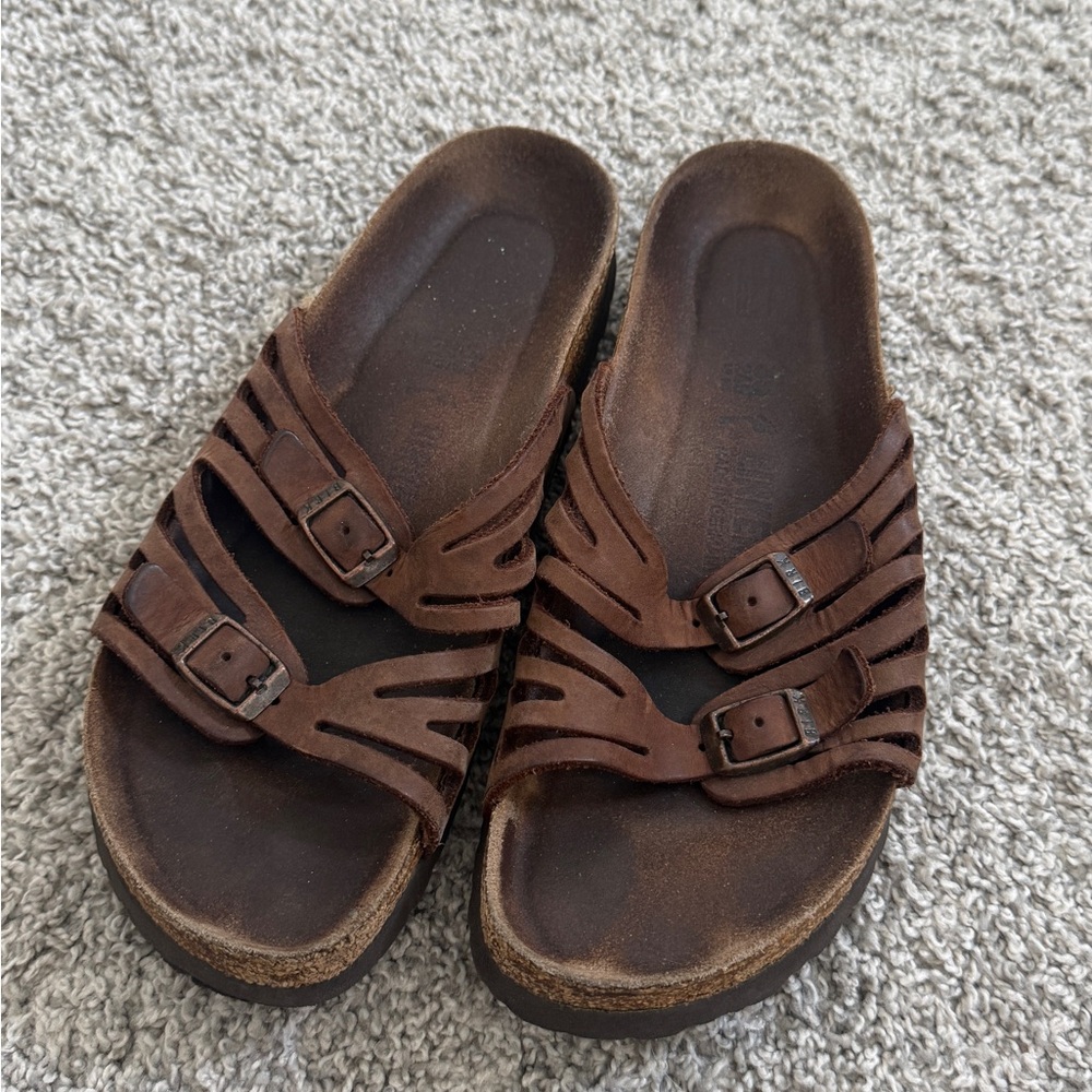 Birkenstock Brown Suede Two-Buckle Slide Sandals